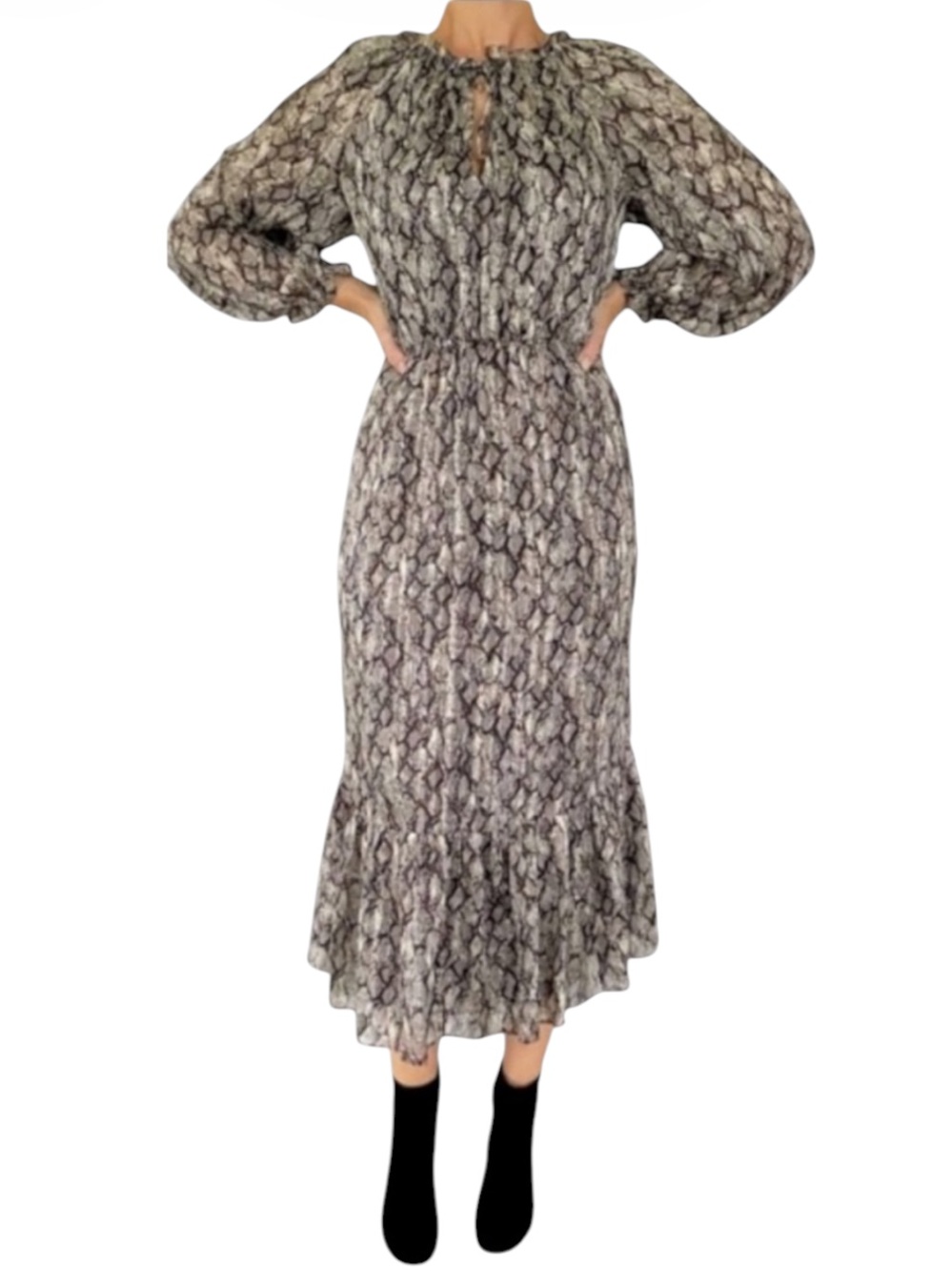 ZARA black metallic gold snake print long sleeve tie neck midi dress size small